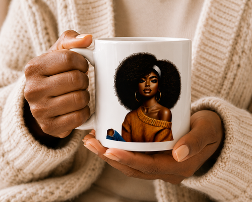 Afro Luxe Serenity ceramic mug with bold Afro-inspired print, glossy finish, wellness drinkware by Luv Me More Wellness

